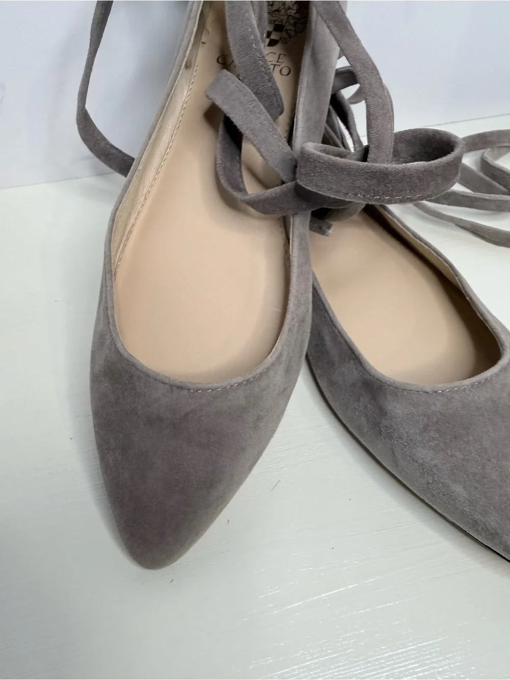 Vince Camuto Taupe Suede Pointed Toe Lace-Up Flats